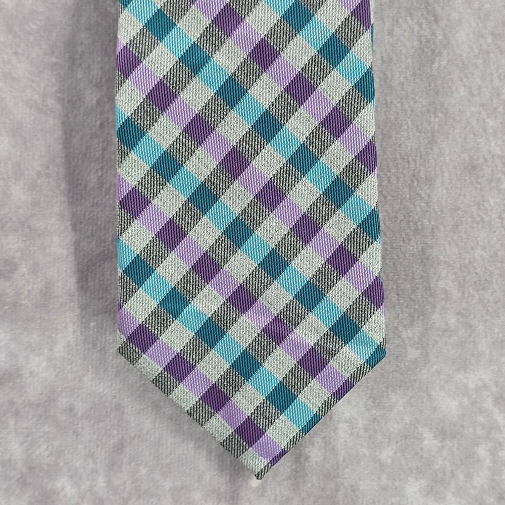 JF J. Ferrar Gray Purple Blue Plaid Tartan Checker Men's Neck Tie‎ NWOT